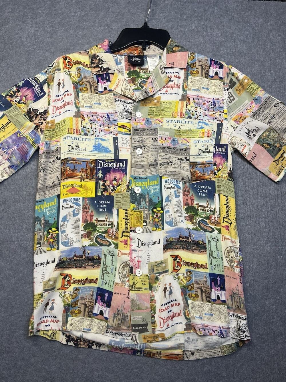 EXCELLENT Disney 100 Disneyland Retro Ephemera Button Shirt Adult XS Mickey Park